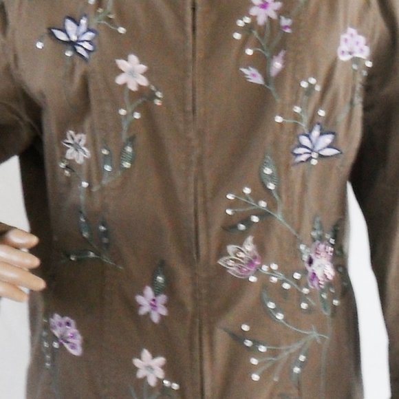 Tabi Size LG Flowers & Sequins Tan Zip Up Jacket - Picture 5 of 6